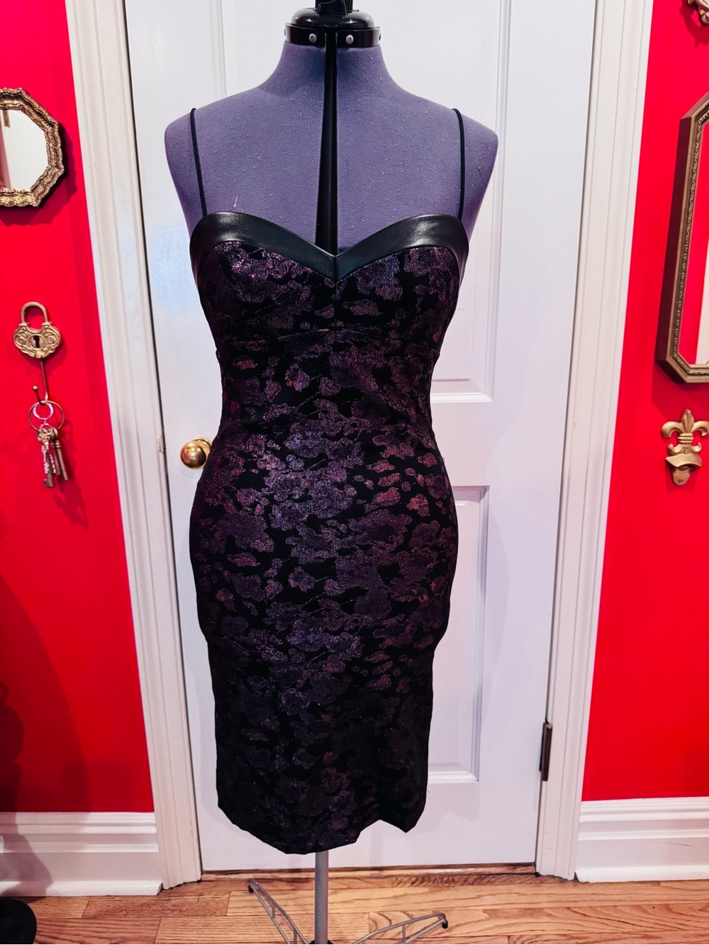 Nicole Miller Black and Purple Lace-Patterned Midi Dress with Faux Leather Trim